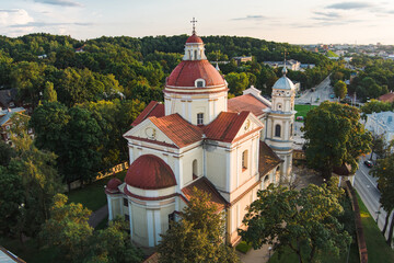 Aerial view of the Church of St. Peter and St. Paul, located in Antakalnis district in Vilnius....