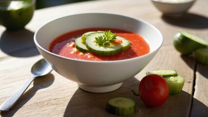Cold Gazpacho Soup in White Bowl on Wooden TableFresh Ingredients.
