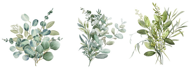 Illustration of a eucalyptus bouquet rendered in watercolor, presenting a captivating floral arrangement. © Link Parker