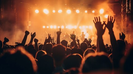 A large group of people at a concert, enthusiastically waving their hands in the air.