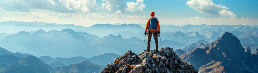 The image shows a person standing on a mountaintop, looking out at a vast landscape