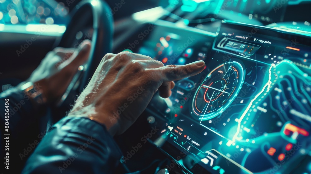 Poster an idea for transportation, future technology and vehicles - a man pushing the control buttons on th