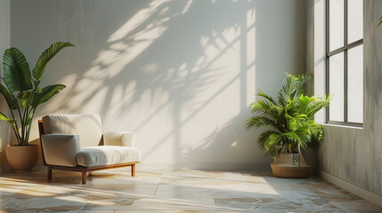 Airy living room interior, empty wall, minimalist furniture arrangement