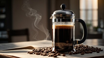 French Press Coffee PotUltra-Realistic Depiction in Vibrant Colors and Detailed Texture