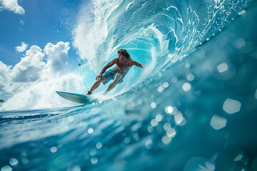 Surfer riding a massive wave during the Banzai Pipeline surf competition in Hawaii. Pro surfer rides the wave 