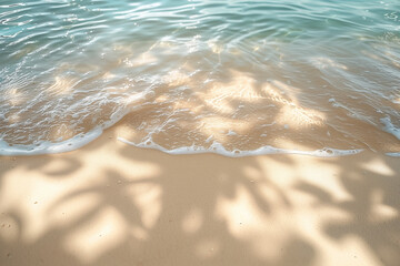 Plakat Sun lights shadow in wavy water on abstract sand background, beautiful abstract spa concept banner of sea paradise island, top view 