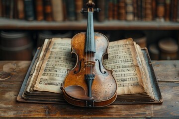 A violin on a book with notes
