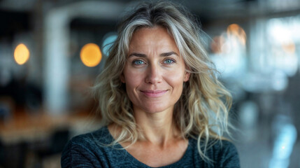 Obraz premium Mature woman with wavy hair smiling in a modern office
