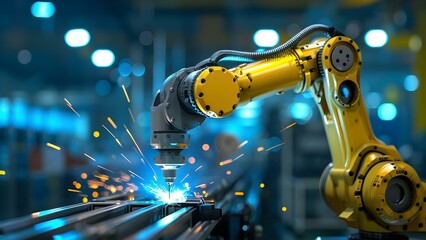 Panoramic banner of industrial robot arm welding with laser in manufacturing plant. Concept Manufacturing Plant, Industrial Robot Arm, Welding Process, Laser Technology, Panoramic Banner