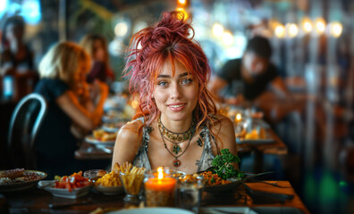 Young woman with vibrant pink hair enjoying a meal in a bustling restaurant