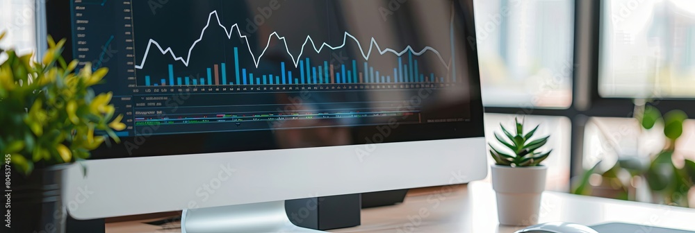 Poster a computer monitor displaying financial charts and graphs sits on a desk. generative ai