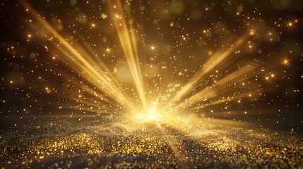 golden light shines on the dark background, sparkling with tiny particles and dust