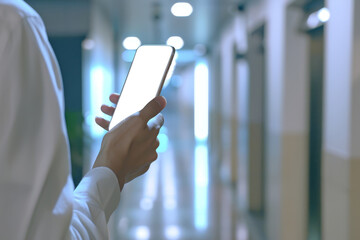 Hand holding smartphone mockup with white screen, blurred white home room with illuminated by bright white light