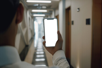 Hand holding smartphone mockup with white screen, blurred white home room with illuminated by bright white light