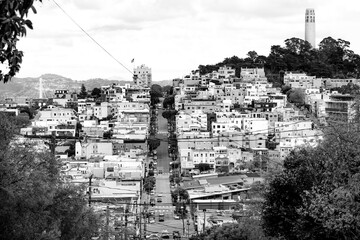 View over the districts of Russian Hill and Telegraph Hill with famous Lombard Street San Francisco (Ca, USA). Straight streets in hilly city center with Coit Tower and Bay Bridge. Black and white.