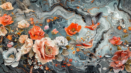 Fluid abstract expressionism, blooming flowers, Aesthetics colorful floral inspirational tenderness illustration, oil paint, Wall decoration photo, Generated AI.	