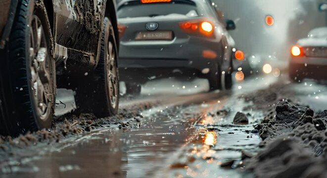 City road collision due to treacherous icy snowstorm and unpaved road conditions. Concept Winter Driving Accidents, Icy Roads, Snowstorm Hazards, Unpaved Road Dangers