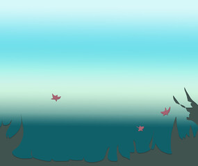 Stylized digital seascape in natural colors. Abstract sea background in blue-emerald gradient. Coral starfish and dark green plants in the depths. Underwater panorama for creative banner or wallpaper.