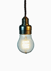 Realistic illustration: a retro vintage (incandescent tungsten-filament lamp) light bulb, elegant shape, hanging from the ceiling, isolated on a white background.
