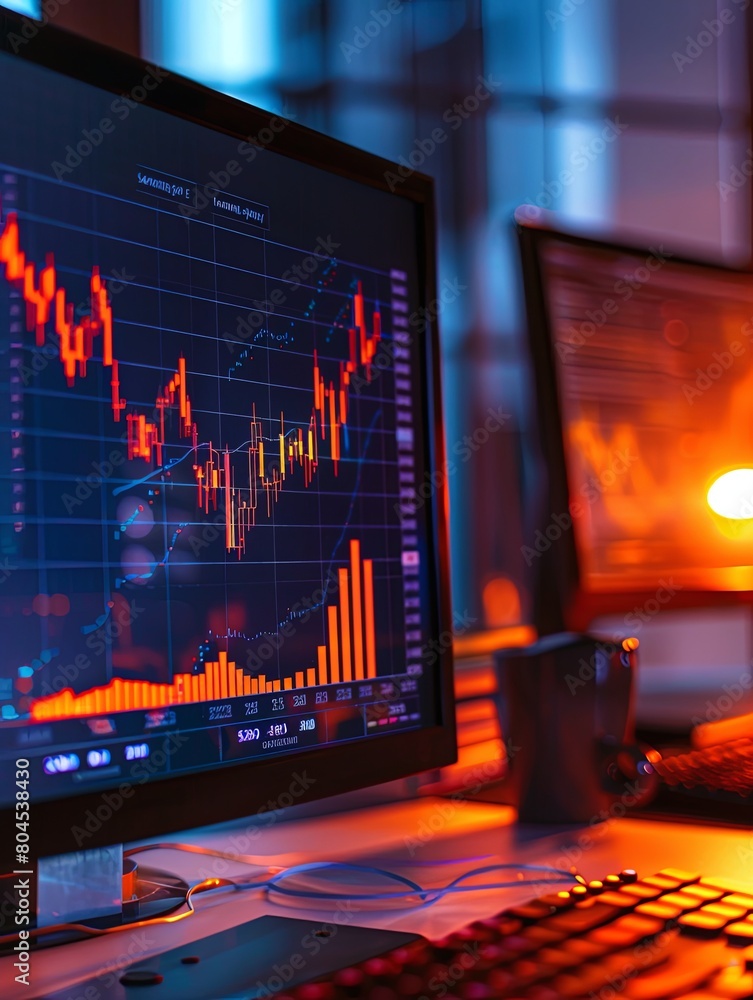 Poster a computer monitor displaying financial charts and graphs sits atop a desk in an office setting. gen