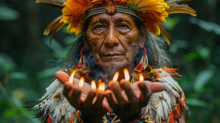 A man in native american garb holding lit candles with feathers, AI