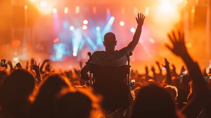 A man in a wheelchair joyfully raises his hands amidst a concert crowd.