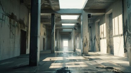 Abandoned Cinematic Hallway with Futuristic Atmosphere and Dynamic Movement