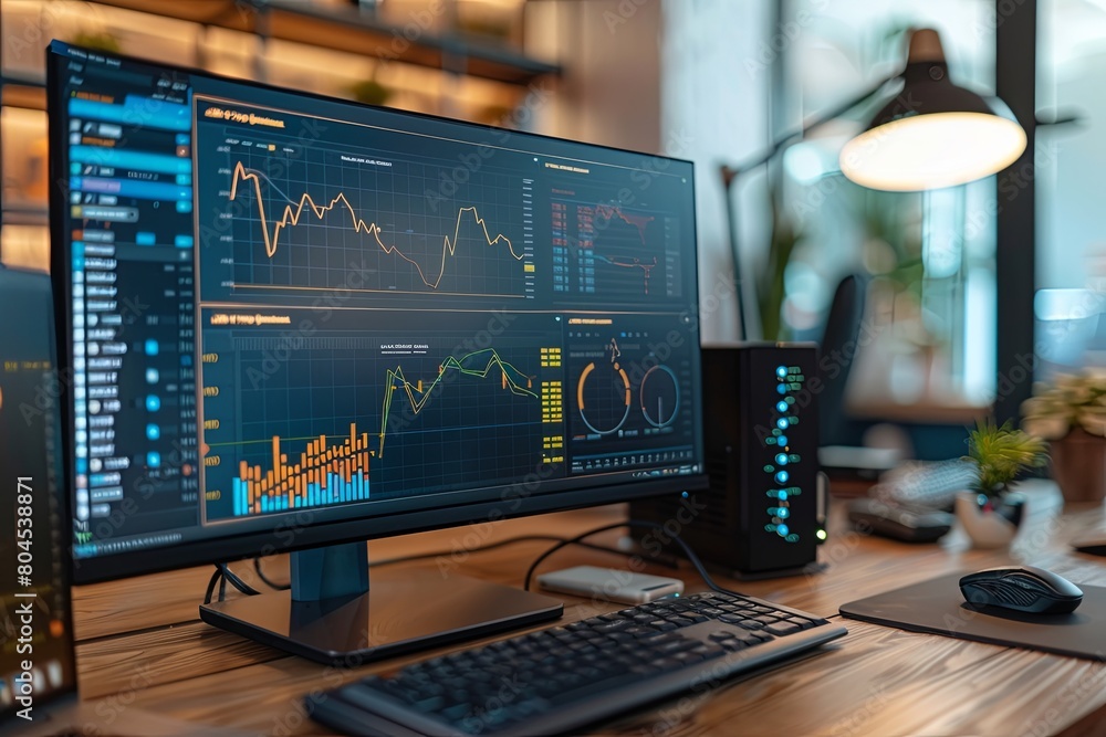 Poster a computer monitor displaying financial charts and graphs rests on top of a wooden desk. generative 