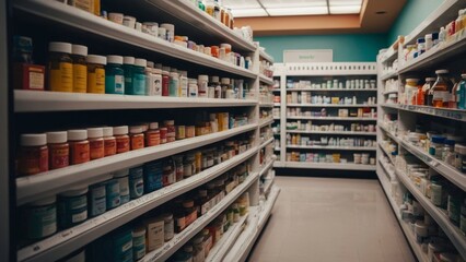 Fully Stocked Pharmacy Shelf withVariety of Medications and Products