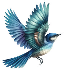 A watercolor painting of a bluebird in flight with its wings spread wide.