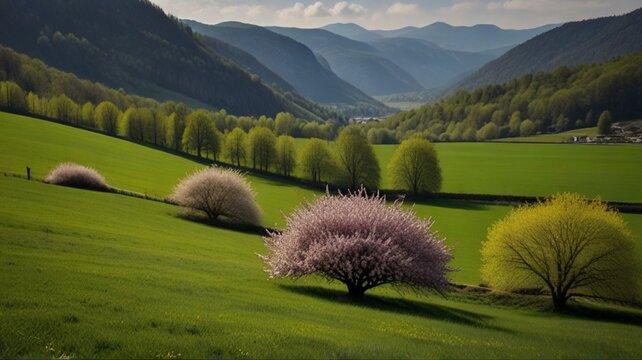 . Lush greenery blankets rolling hills and meadows, while flowers bloom in a riot of hues