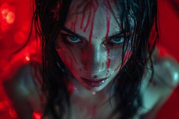 Close-up portrait of a woman's face with water droplets and blood, intense gaze