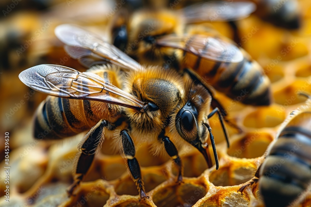Aufkleber this macro image details the intricate work of a bee on a honeycomb, highlighting every tiny aspect