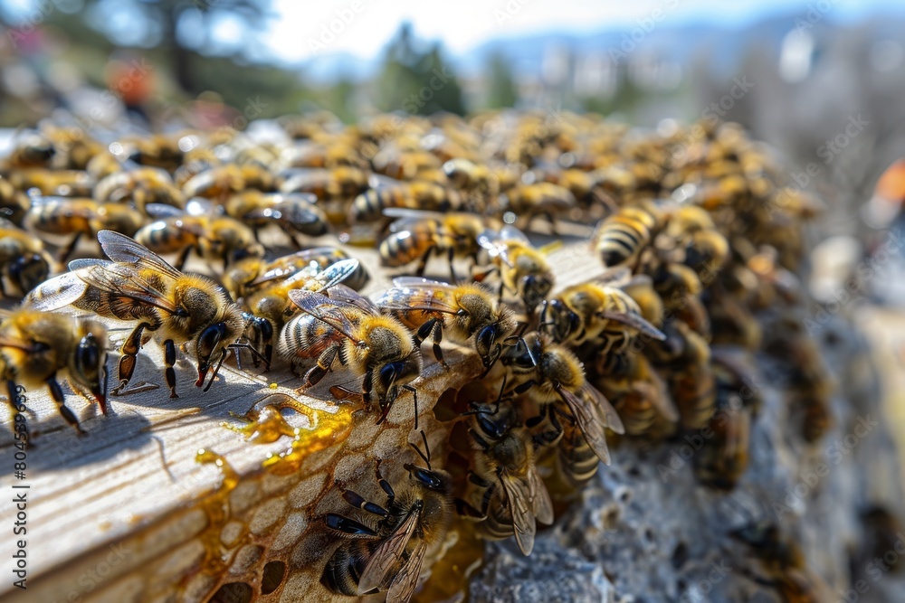 Poster a dynamic image of a swarm of bees closely working together on the hive, portraying natural order an