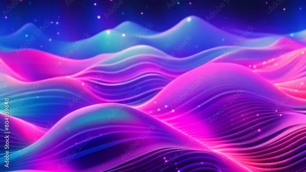 Poster a mesmerizing abstract flowing neon wave background in a glitch art style, with distorted pixels and