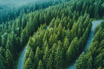 Stunning top-down view capturing the lush expanse of a green pine forest intersected by a curving road