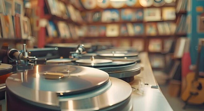 Interior of a music store featuring turntables vinyl records and wooden shelves. Concept Music Store, Turntables, Vinyl Records, Wooden Shelves, Interior Design