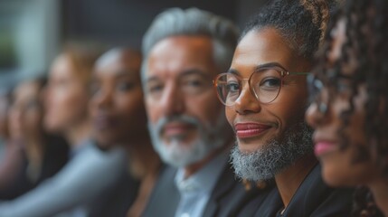 Obraz premium A group of people with glasses and beards are sitting in a row, including a woman with beard, AI
