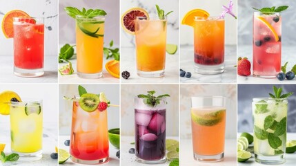A collage of different mocktail recipes each one using different ingredients and flavors from the DIY mocktail crafting kit demonstrating the endless possibilities for creating tasty