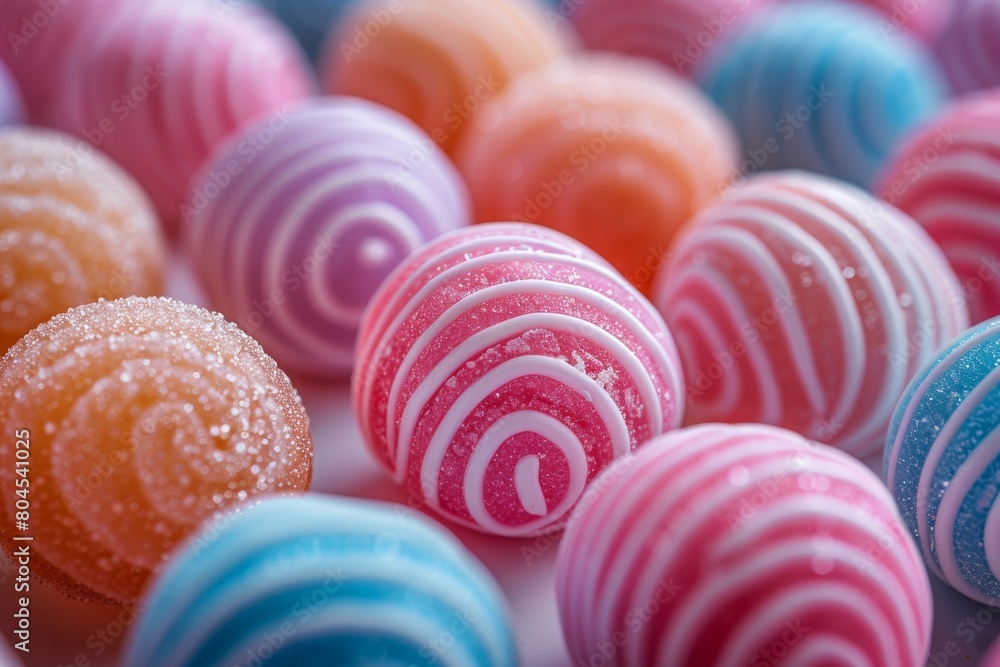 Poster a close-up image capturing the vibrant colors and textures of various sugar-coated candies shimmerin