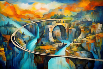 inspiring valley spanning bridge, abstract landscape art, painting background, wallpaper, generative ai