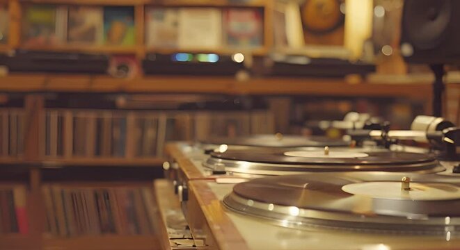 Exploring the Interior of a Music Store with Turntables, Vinyl Records, and Wooden Shelves. Concept Music Store, Interior Design, Turntables, Vinyl Records, Wooden Shelves