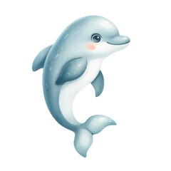 A cute cartoon dolphin, drawn in a simple style. The dolphin is blue and white, with a pink blush on its cheeks. It is smiling and has big, happy eyes.