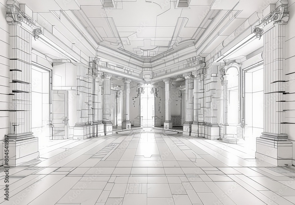 Poster Wireframe rendering of an ancient building in the classical style