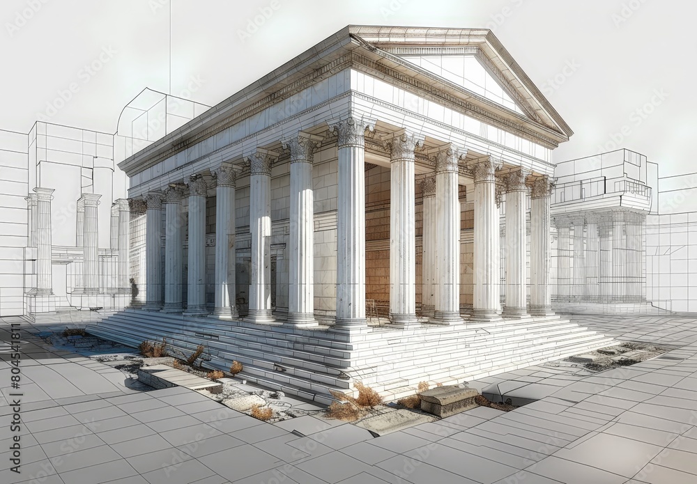 Poster Wireframe rendering of an ancient building in the classical style