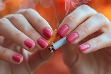 Close-up of brightly manicured female hands breaking a cigarette, symbolizing the choice to quit smoking for health