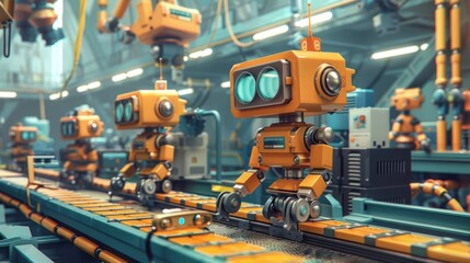 Fototapeta premium A factory with robots in orange and blue