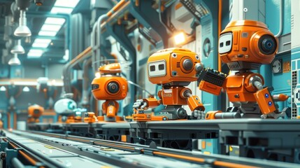 Three robots are working on a factory assembly line