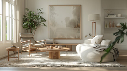 Modern living room mock up, focus on natural light and clean lines