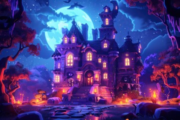 A creepy house with a large moon in the background